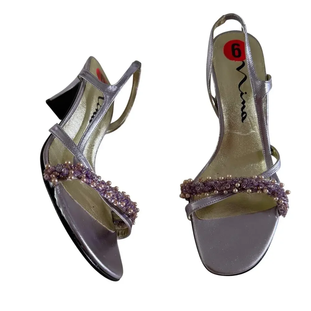 VTG Y2K 2000s Purple Leather Beaded Kitten Heel 6 Whimsy Fairycore Romantic